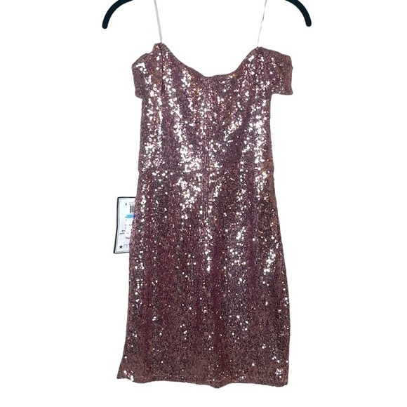 B DARLIN Vintage Pink Off the Shoulder Sequin Body Con Dress - Picture 3 of 7